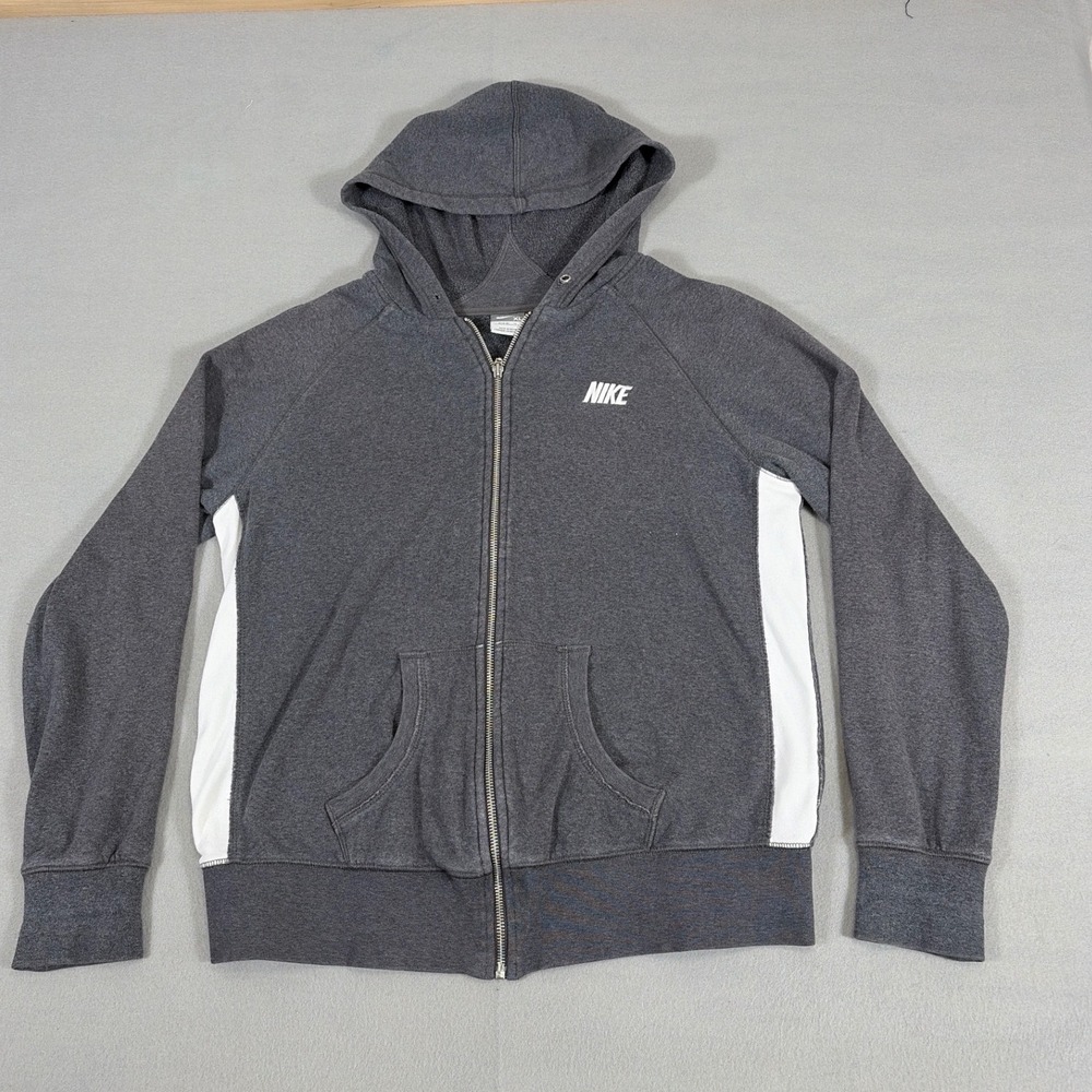 Nike Womens XL Full Zip Hoodie Gray White Side Stripe Athletic Fleece Sweatshirt